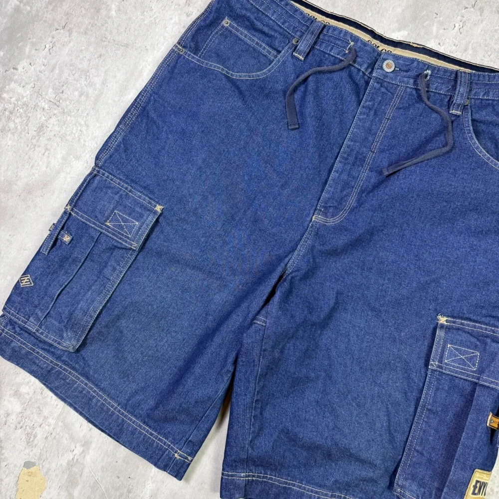 Enyce Mens Baggy Denim Cargo Shorts Blue Dark Wash Streetwear Size 36 Vintage